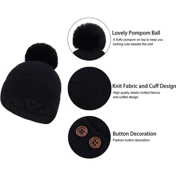 Kids Pom Pom Beanie Boys Girls Faux Fur Ball Warm Lined Knit Kids Winter Hat Set main image 6